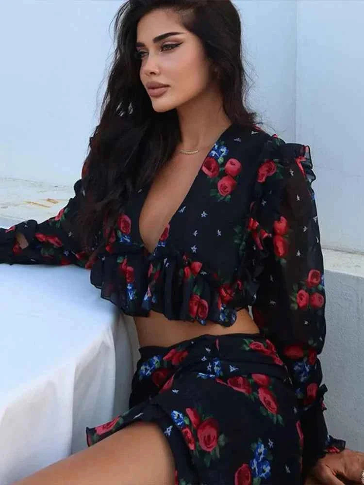 Printed Shirt Ruffles Split Skirt Sets Women