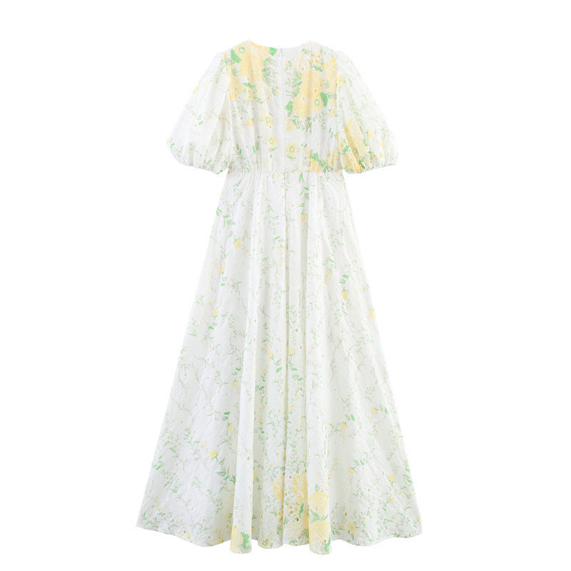 Printed V-neck Puff Sleeve Dress - Other