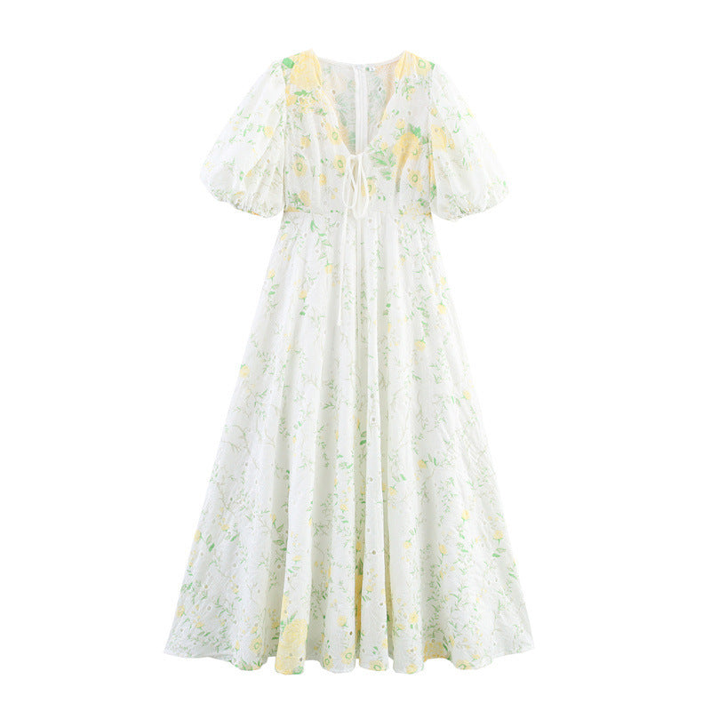 Printed V-neck Puff Sleeve Dress - Other