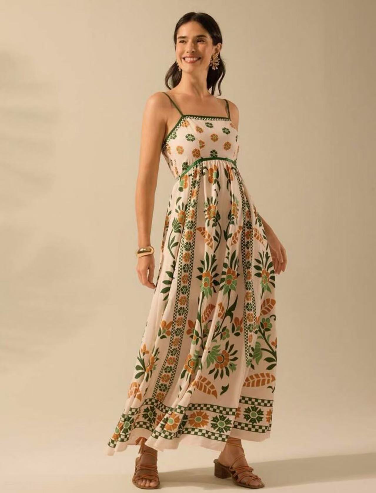 Printing Slip Dress Vacation Style - Green / L - Other