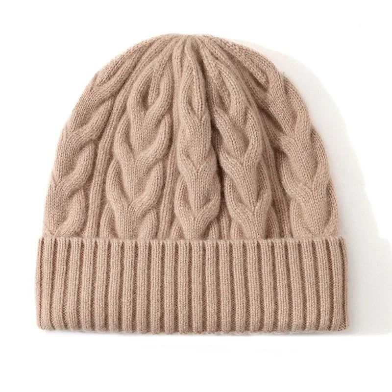Pure Wool Cable Knit Beanies for Women - Camel / One Size