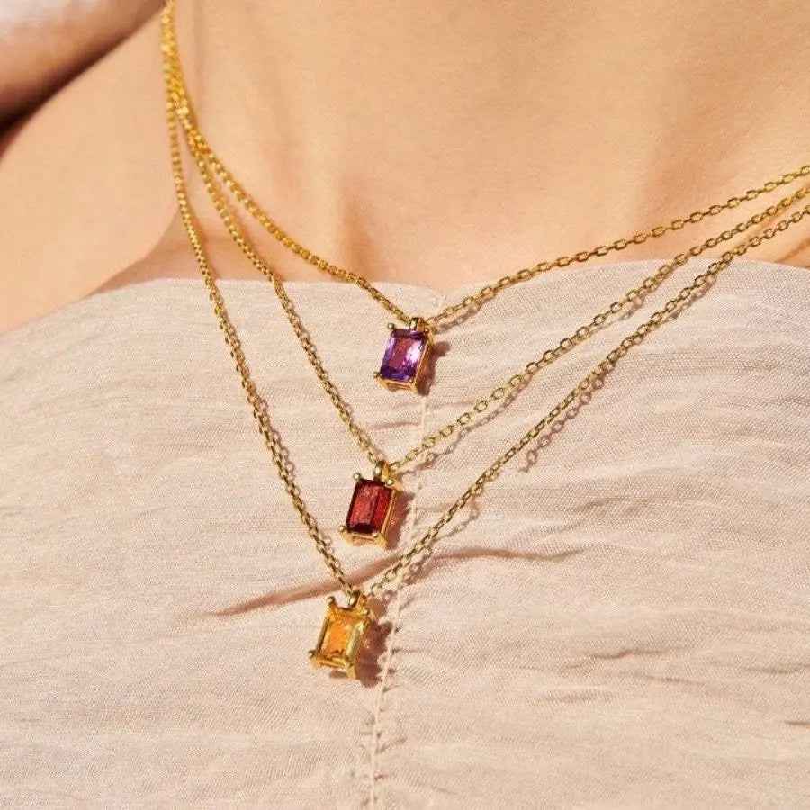 Rectangular 12month Birthday Stone Pendant Colorful Zircon Clavicle Chain - Norellé