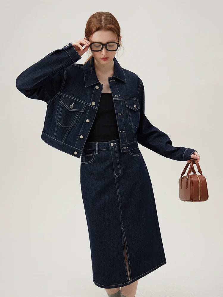 Retro Casual Denim Short Coat Skirt Suit for Women - Skirts / S