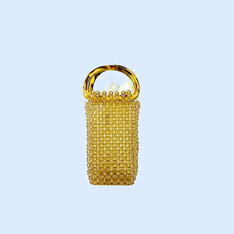 Retro Casual Hand-woven hollow Beaded Crystal Bucket Women’s Bag - Yellow