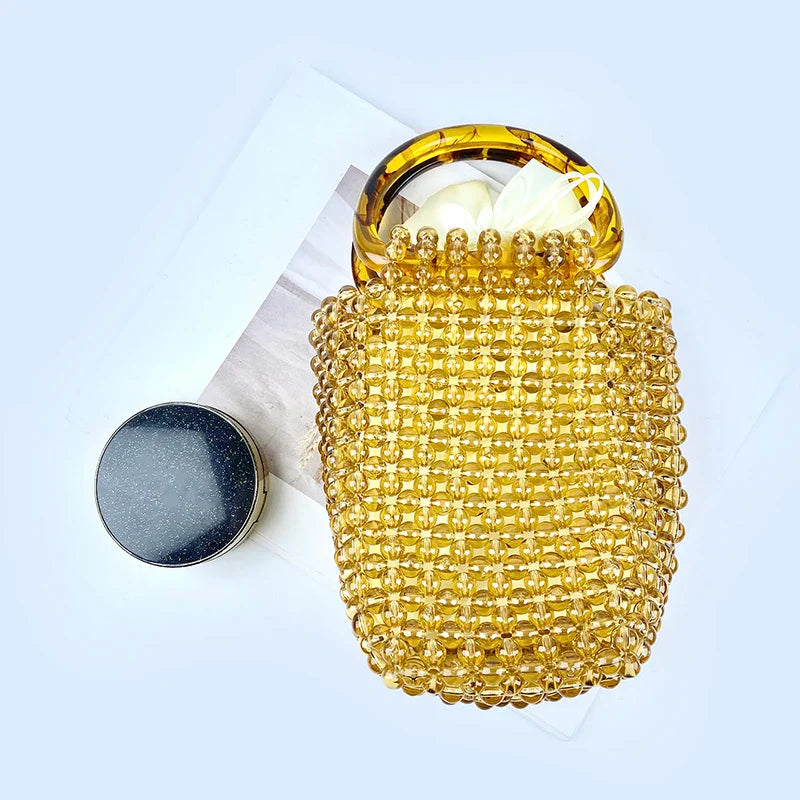 Retro Casual Hand-woven hollow Beaded Crystal Bucket Women’s Bag - Yellow
