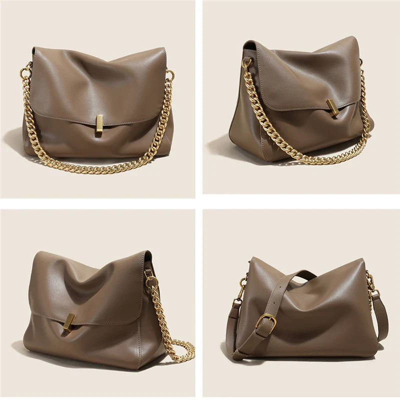 Retro Genuine Leather Large Chain Shoulder Bags For Women