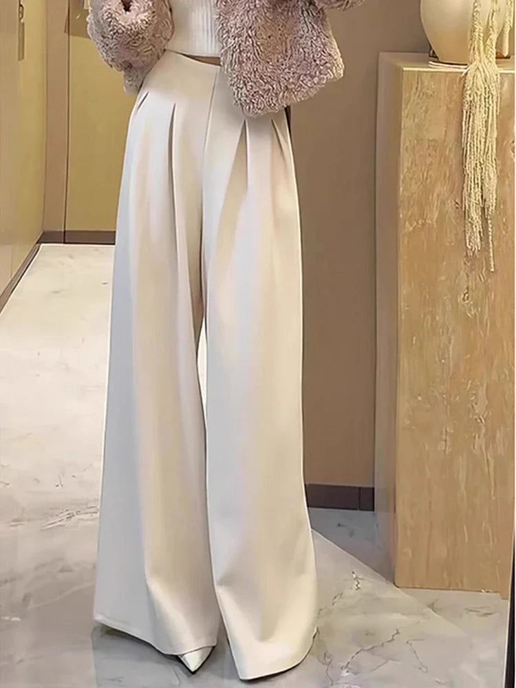 Retro High-end Pleated High-waisted and White Drape Floor Pants for Women