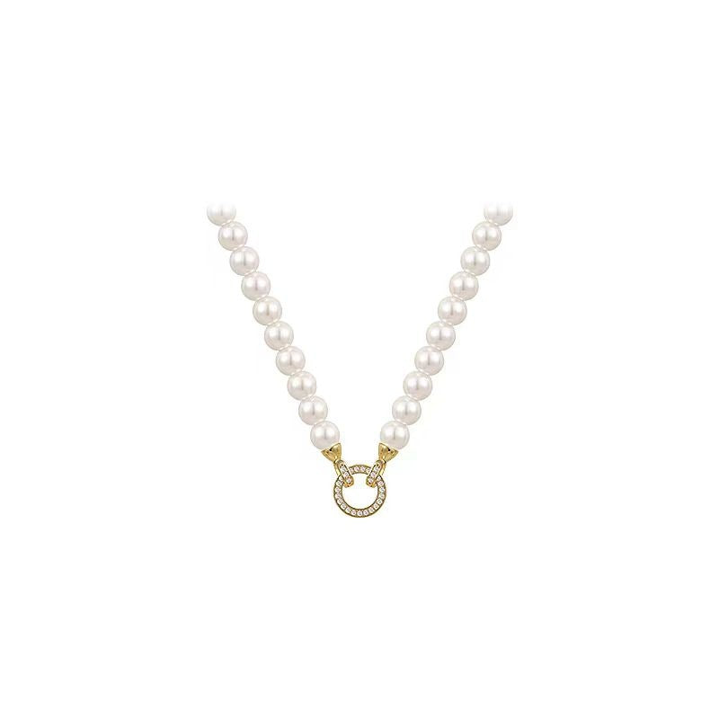 Retro Micro-inlaid Round Buckle Pearl Short Necklace - electronic accessories