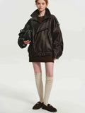 Retro PU Leather Stand Collar Jacket Women