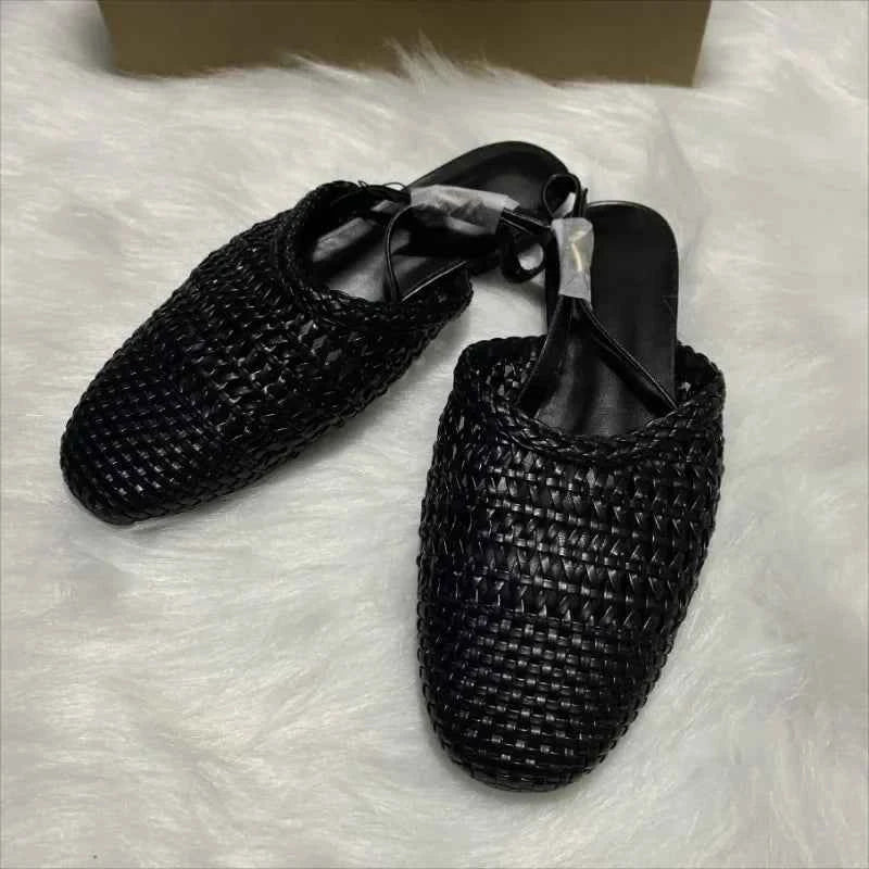 Retro Round Toe Weave Design Women Flat Sandals