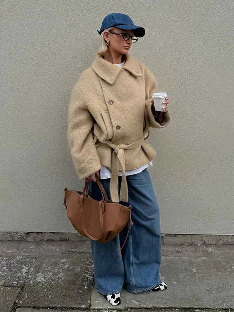 Retro Side Buttons Plush Short Coat Women