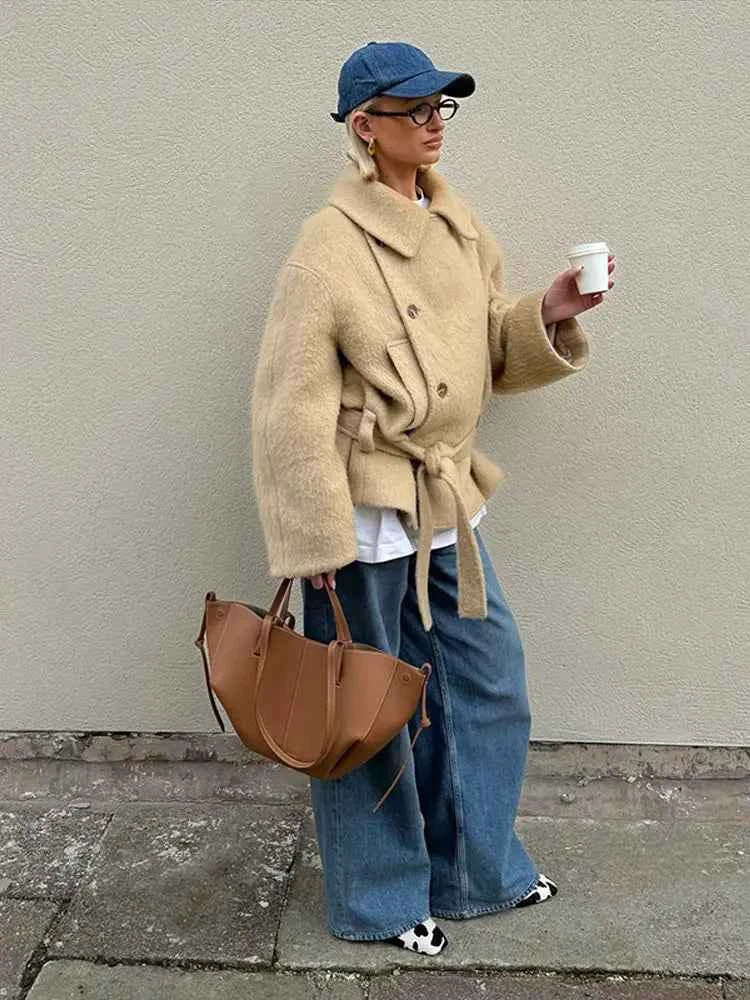 Retro Side Buttons Plush Short Coat Women