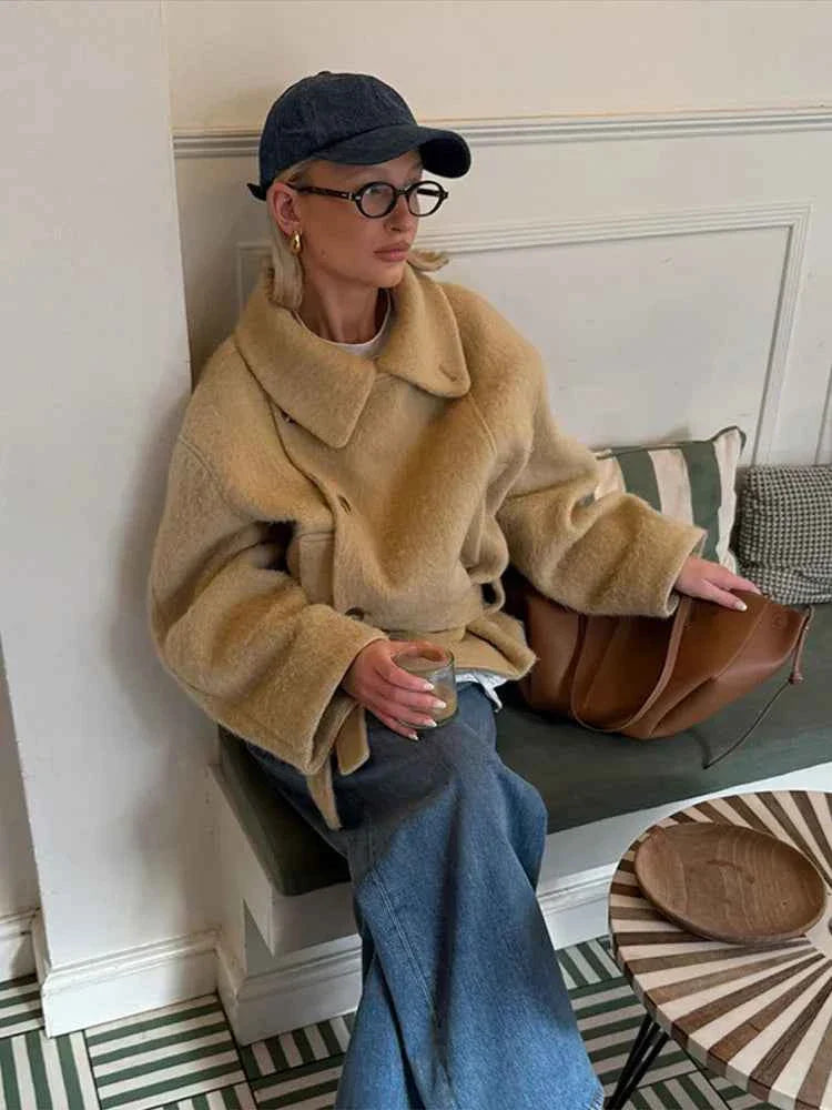 Retro Side Buttons Plush Short Coat Women