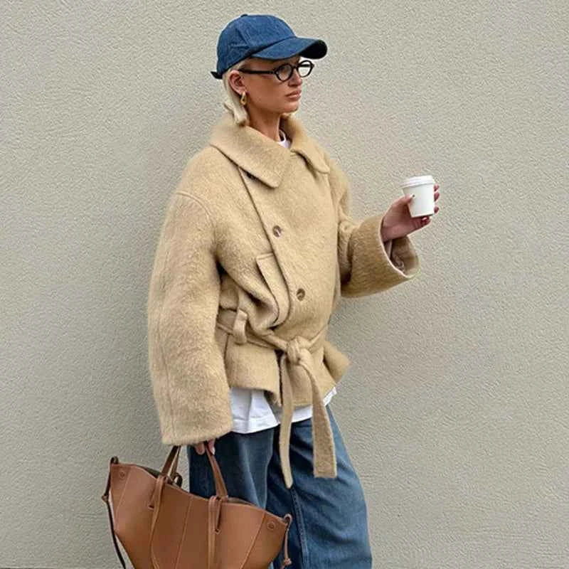 Retro Side Buttons Plush Short Coat Women