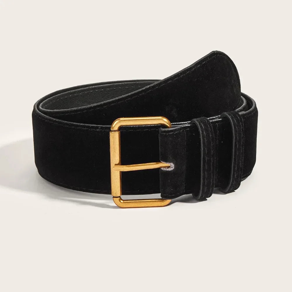 Retro Suede Leather Wide Belt - Black-102cm-