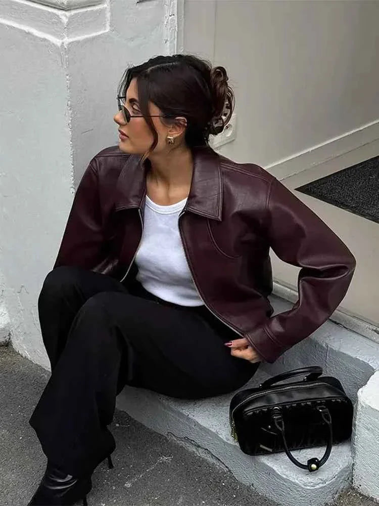 Retro Wine Red Pu Leather Short Jacket Women