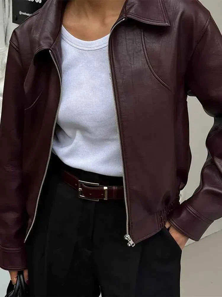 Retro Wine Red Pu Leather Short Jacket Women