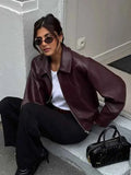 Retro Wine Red Pu Leather Short Jacket Women