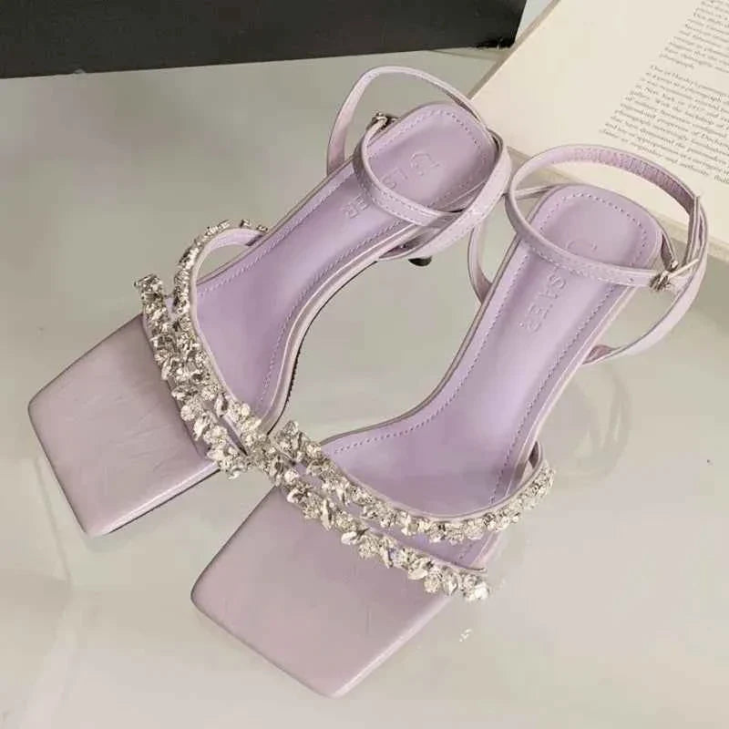 Rhinestone Ankle Strap Women Sandals High Quality Square Toe