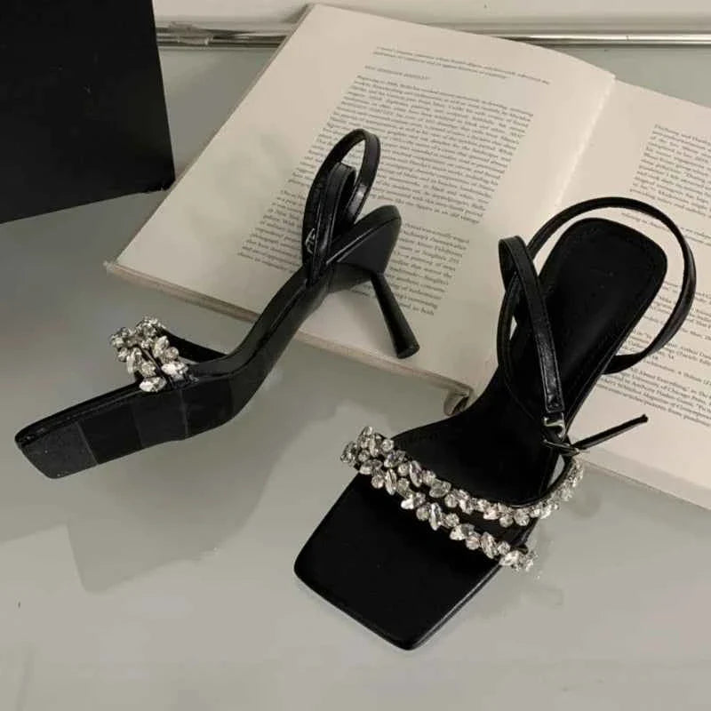 Rhinestone Ankle Strap Women Sandals High Quality Square Toe