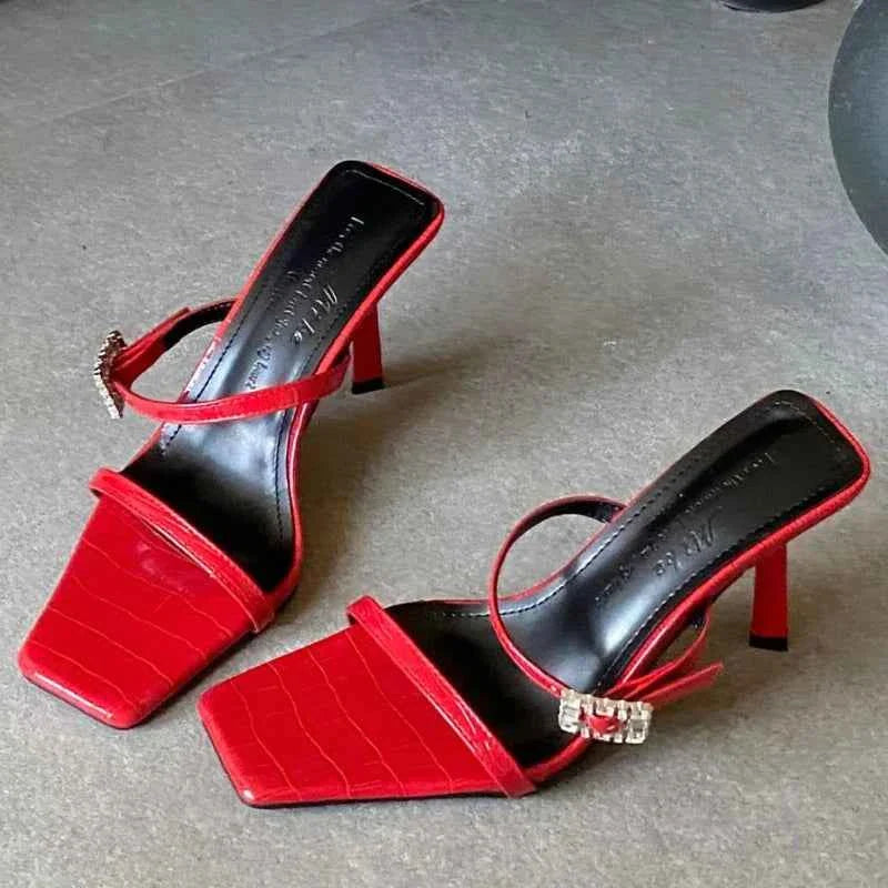 Rhinestone Buckle Women Sandals Square Toe