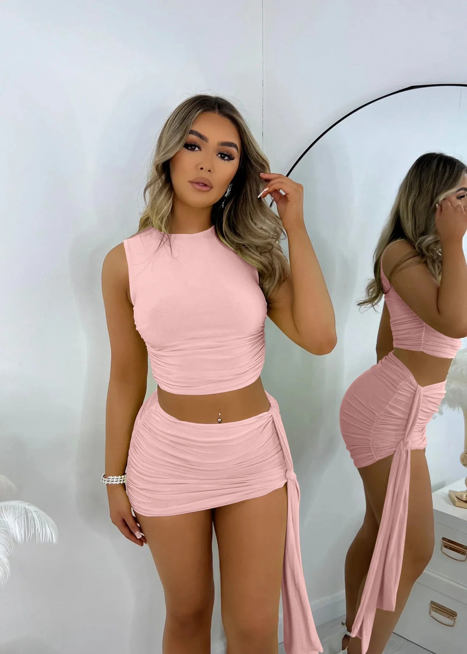 Round Neck Sleeveless Lace Up Slim 2-Piece Set - ald4607-light pink / S