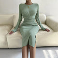 Round Neck Slim-fit Sheath Long Sleeve Dress - Other
