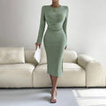 Round Neck Slim-fit Sheath Long Sleeve Dress - Other