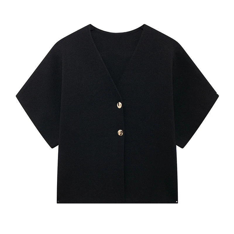 Round Neck Striped Slit Short Sleeve Top - Black / L - Other