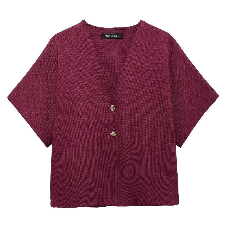 Round Neck Striped Slit Short Sleeve Top - Wine Red / L - Other