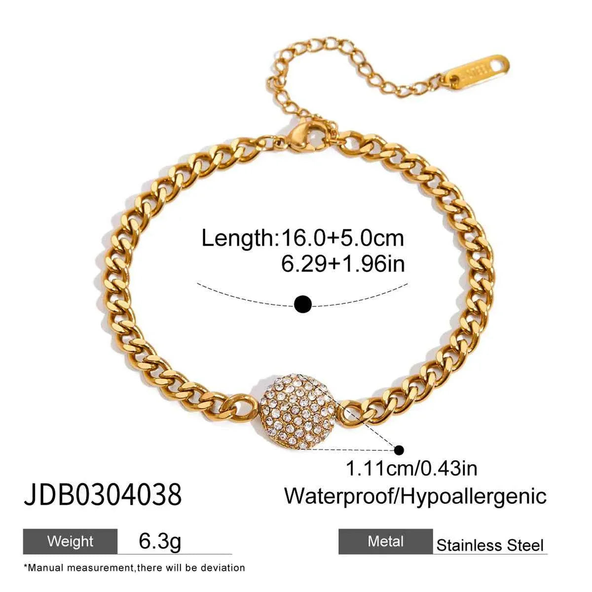 Round Rhinestone Bracelet Stackable Chain Bracelet Waterproof