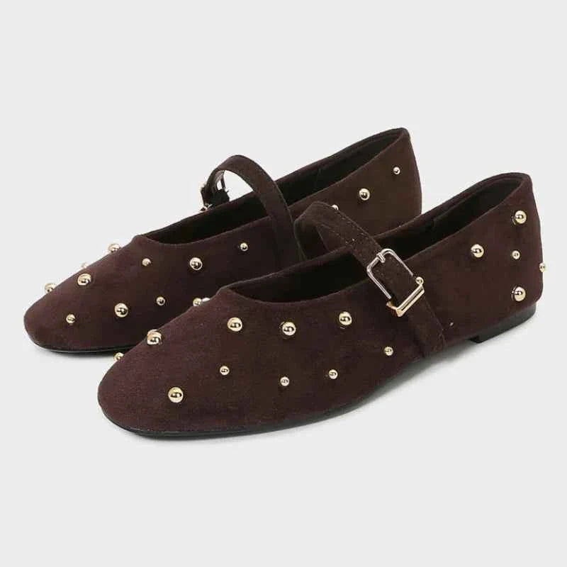 Round Toe Women Shoes Brown Faux Suede Metal Belt Non-slip