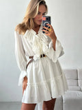 Ruffled V-Neck White Mini Dress - Other