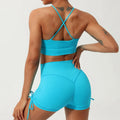 Rust Halter Neck Yoga Set in Aqua Blue with High Waisted Shorts