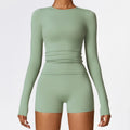 Sage green long sleeve set: women yoga shirts and shorts