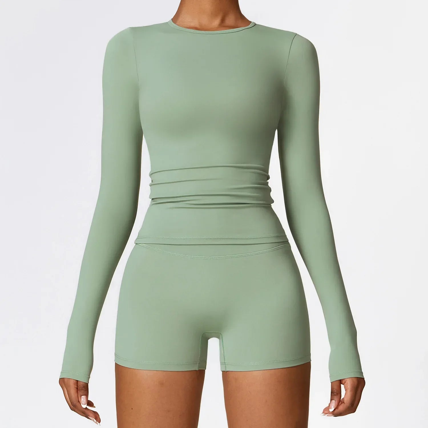 Sage green long sleeve set: women yoga shirts and shorts