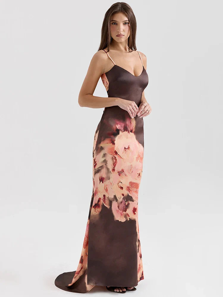 Satin Floral Print Maxi Dress Women - black / L