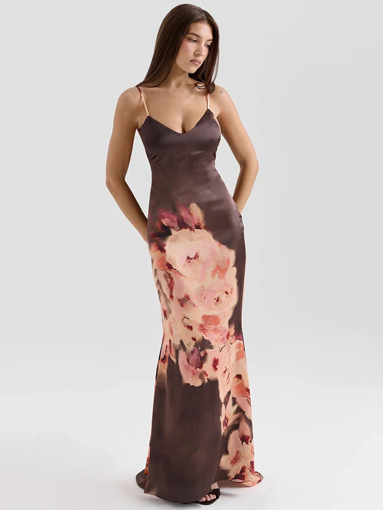Satin Floral Print Maxi Dress Women - black / L