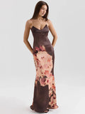 Satin Floral Print Maxi Dress Women - black / L