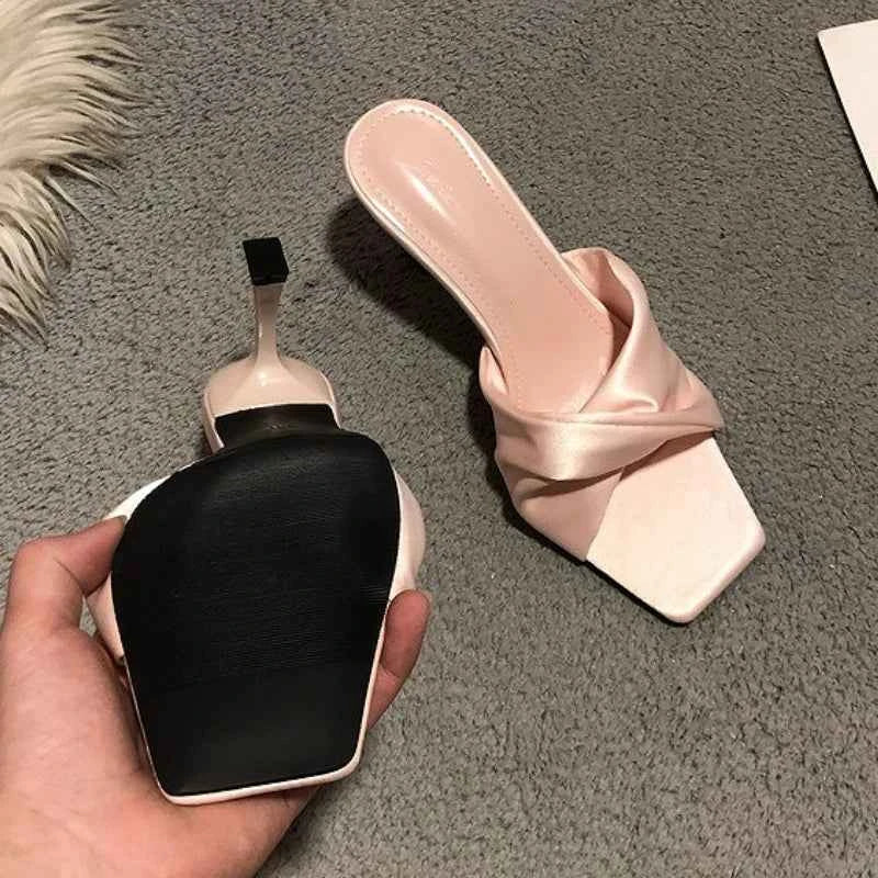 Satin  Slippers Women Square Toe High Heels