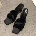 Satin  Slippers Women Square Toe High Heels