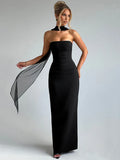 Scarf Collar Strapless Maxi Dress For Women - L / black - Other
