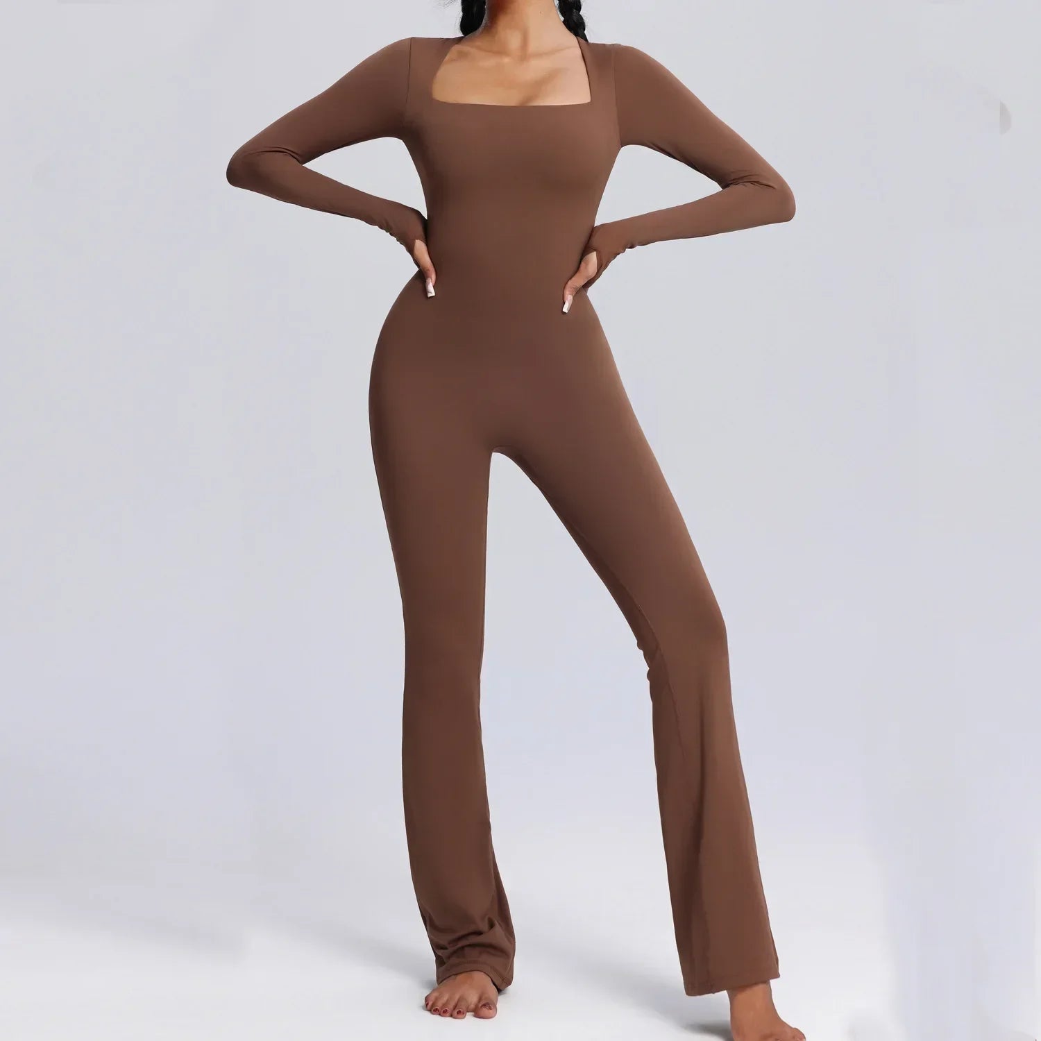Seamless Jumpsuits Sports Fitness High Elastic Breathable Long-sleeved Suit - Coffee / Eurocode (L)