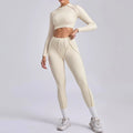 Seamless Sets Sports Fitness Hip-lifting High Waist Pleated Pants Long-sleeved Suits Workout - Beige / L