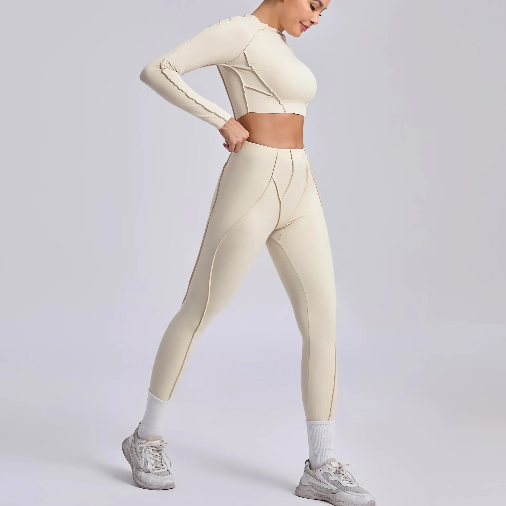 Seamless Sets Sports Fitness Hip-lifting High Waist Pleated Pants Long-sleeved Suits Workout