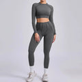 Seamless Sets Sports Fitness Hip-lifting High Waist Pleated Pants Long-sleeved Suits Workout - carbon gray / L