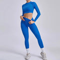 Seamless Sets Sports Fitness Hip-lifting High Waist Pleated Pants Long-sleeved Suits Workout - royal blue / L