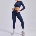 Seamless Sets Sports Fitness Hip-lifting High Waist Pleated Pants Long-sleeved Suits Workout - navy blue / L