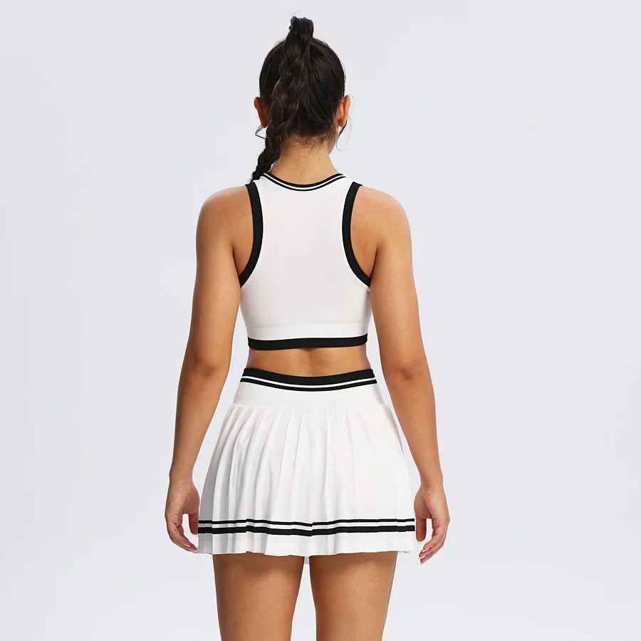 Seamless Tennis Dress Set Women T-shirts Skirt Outfit - WHITE / L
