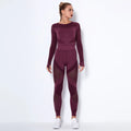 Burgundy seamless yoga set with ribbed crop top and high-waisted leggings
